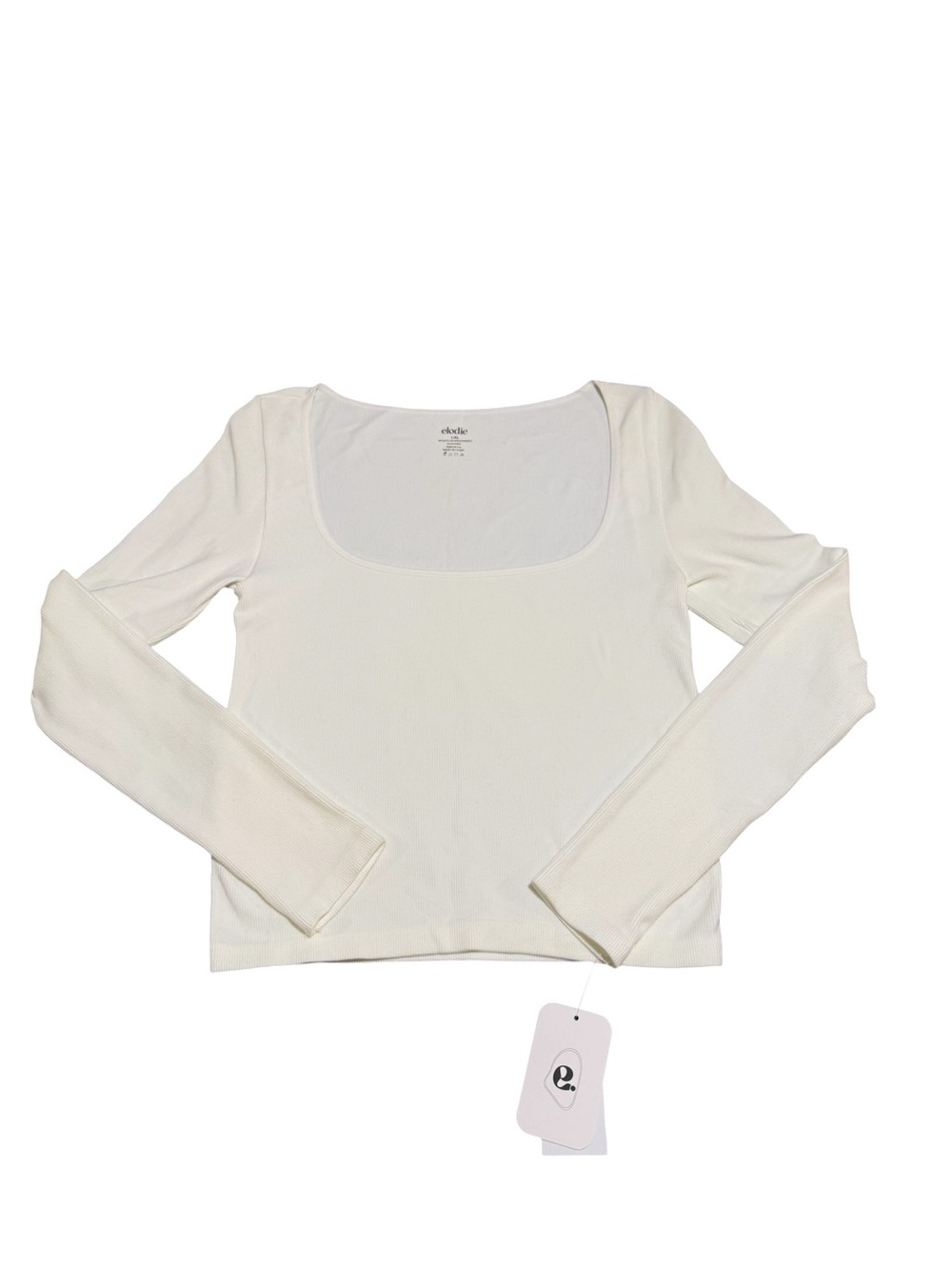 Elodie White Ribbed Stretch Long Sleeve Top Square Scoop Neck Size L/XL